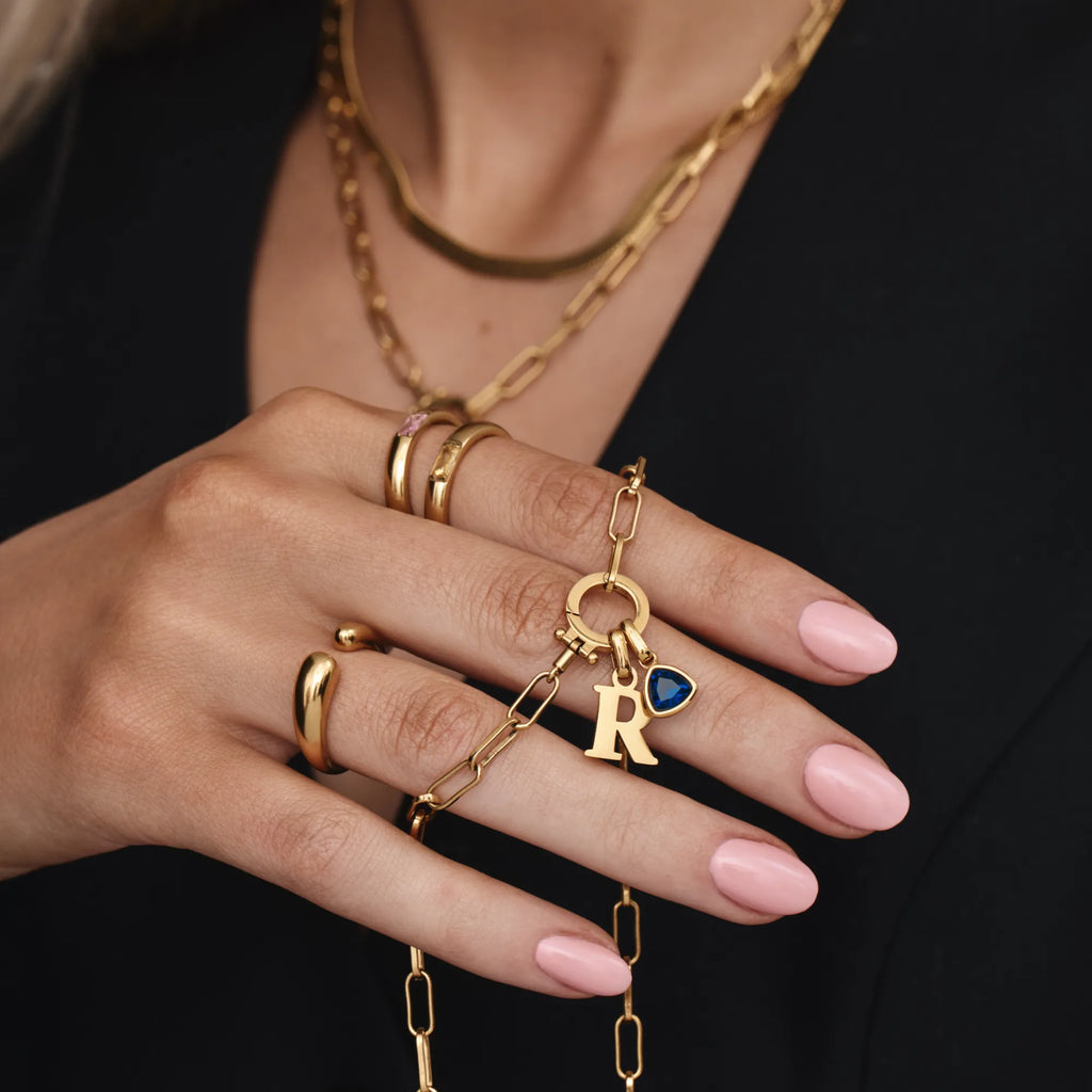 Paperclip Birthstone Initial Charm Necklace