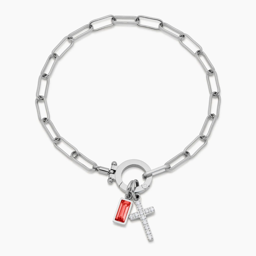 Paperclip Birthstone Cross Charm Bracelet