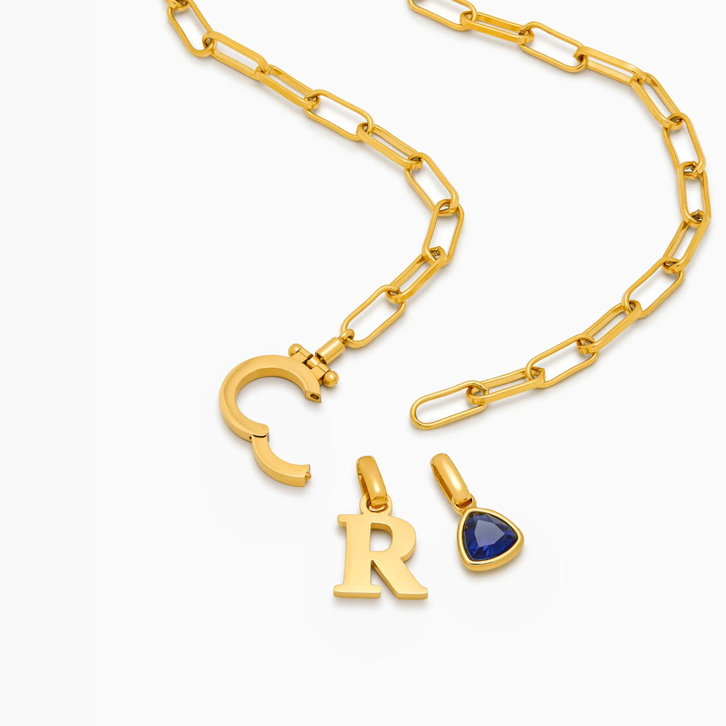 Paperclip Birthstone Initial Charm Necklace
