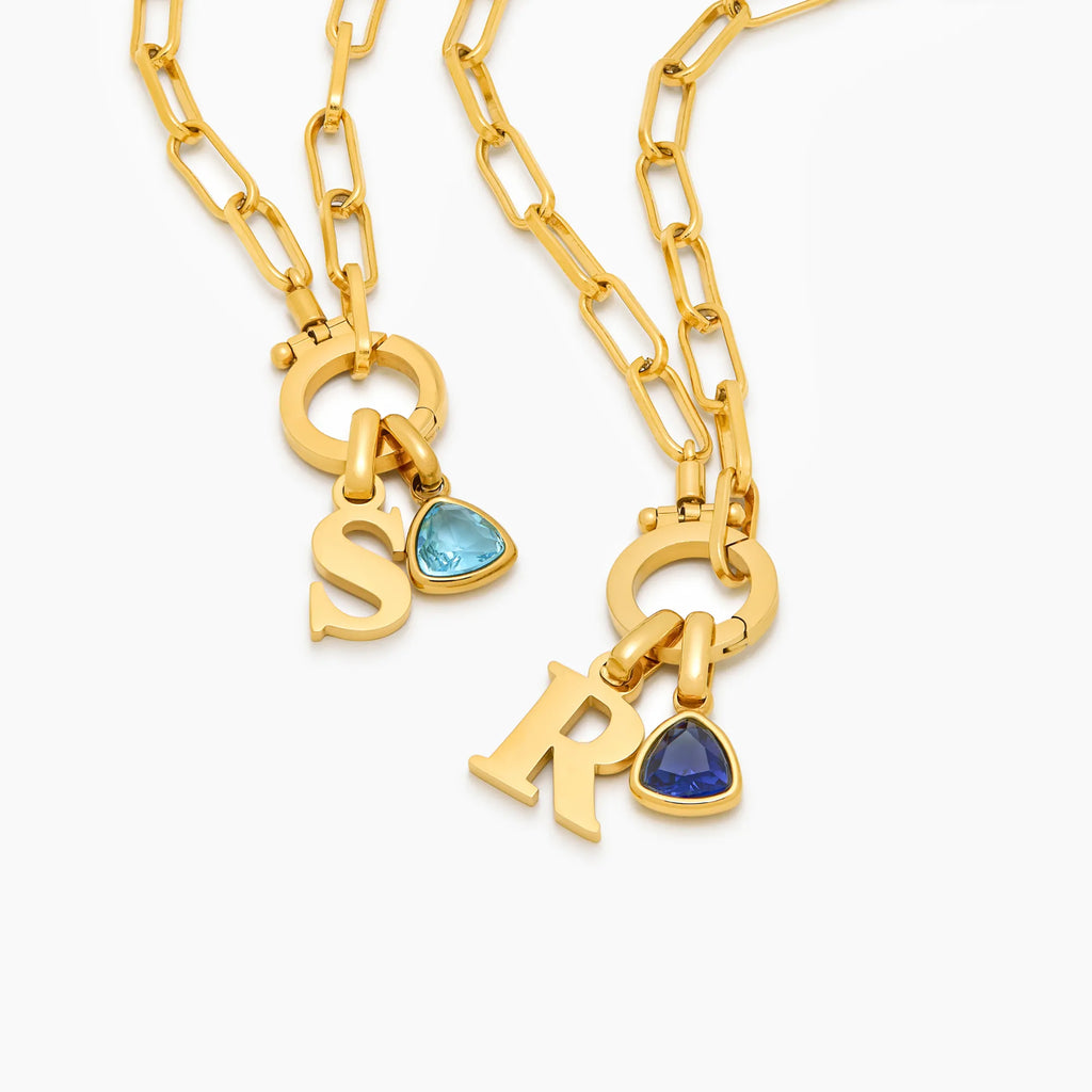 Paperclip Birthstone Initial Charm Necklace