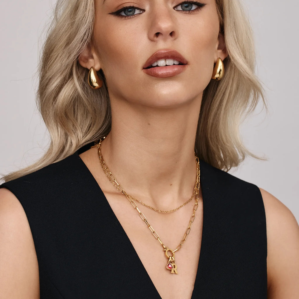 Paperclip Birthstone Initial Charm Necklace