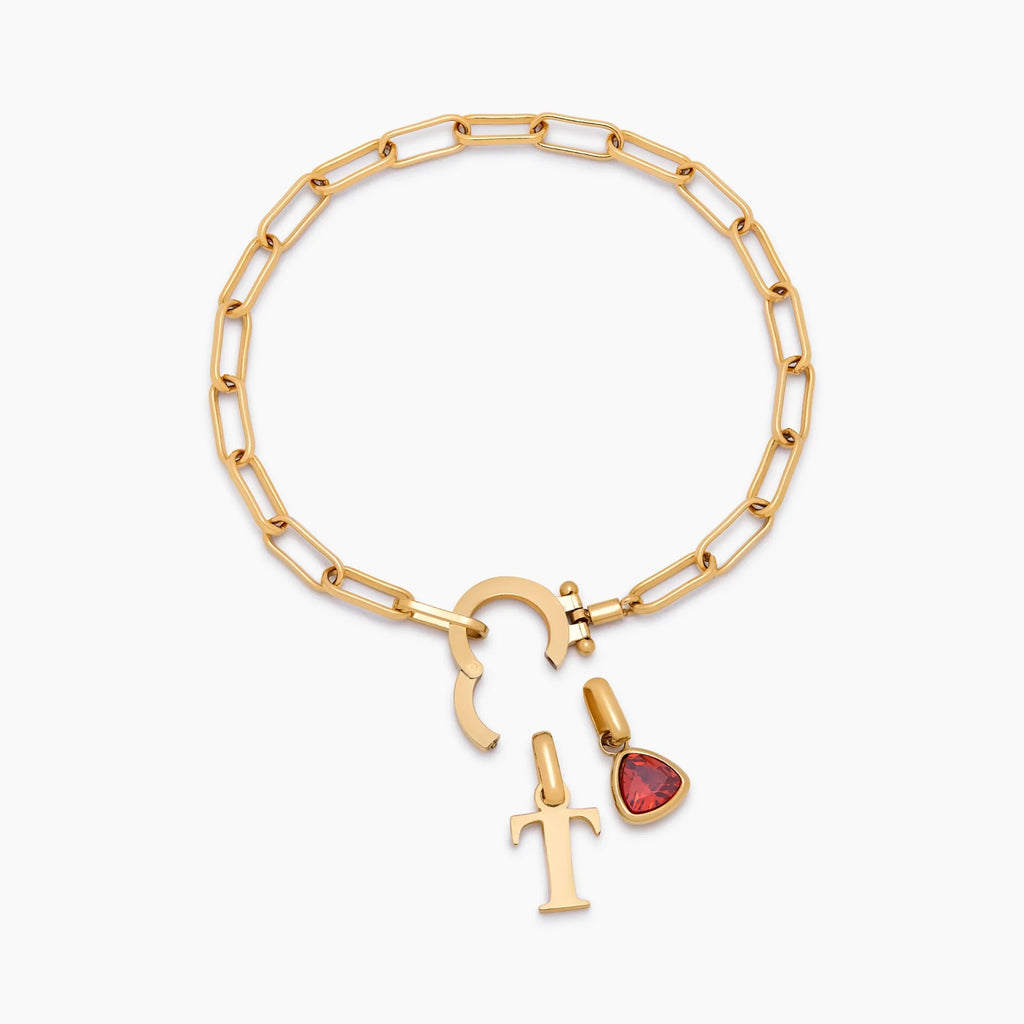 Paperclip Birthstone Initial Charm Bracelet